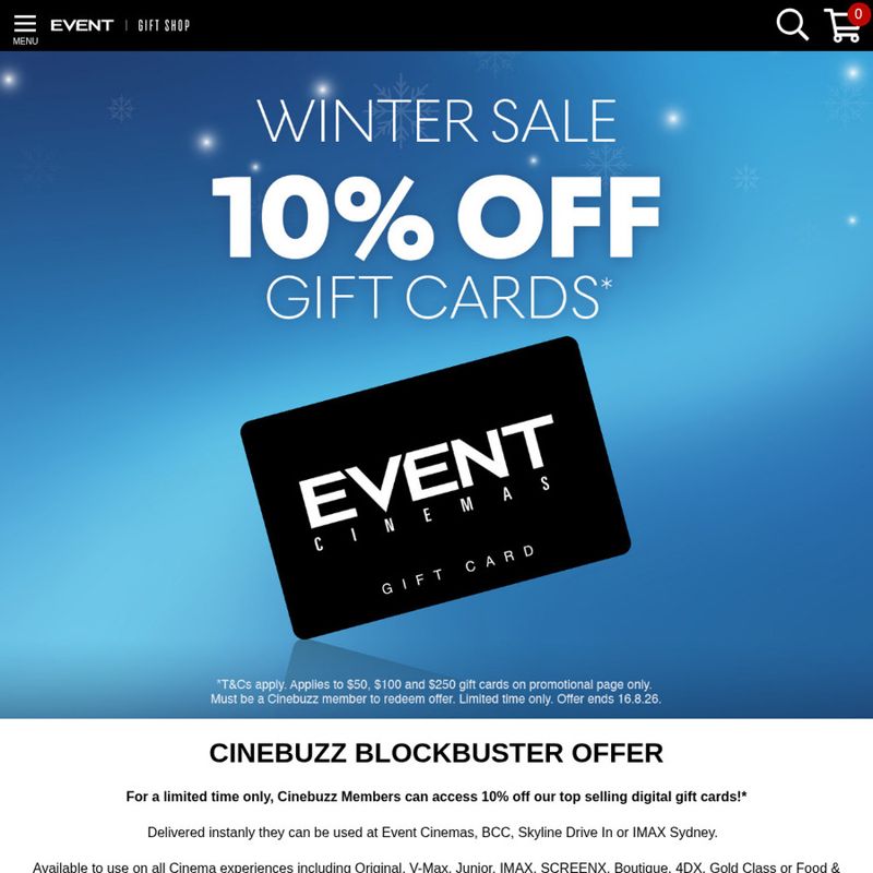 Event Cinemas eGift Cards –for Cinebuzz Members