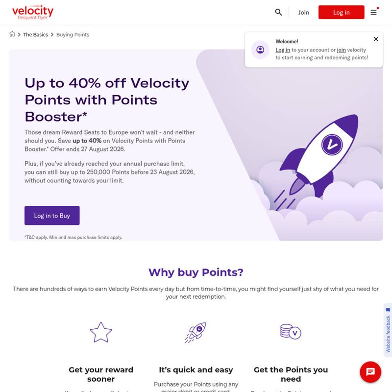 Velocity Points Booster: Up to 40% Discount on Bulk Purchases