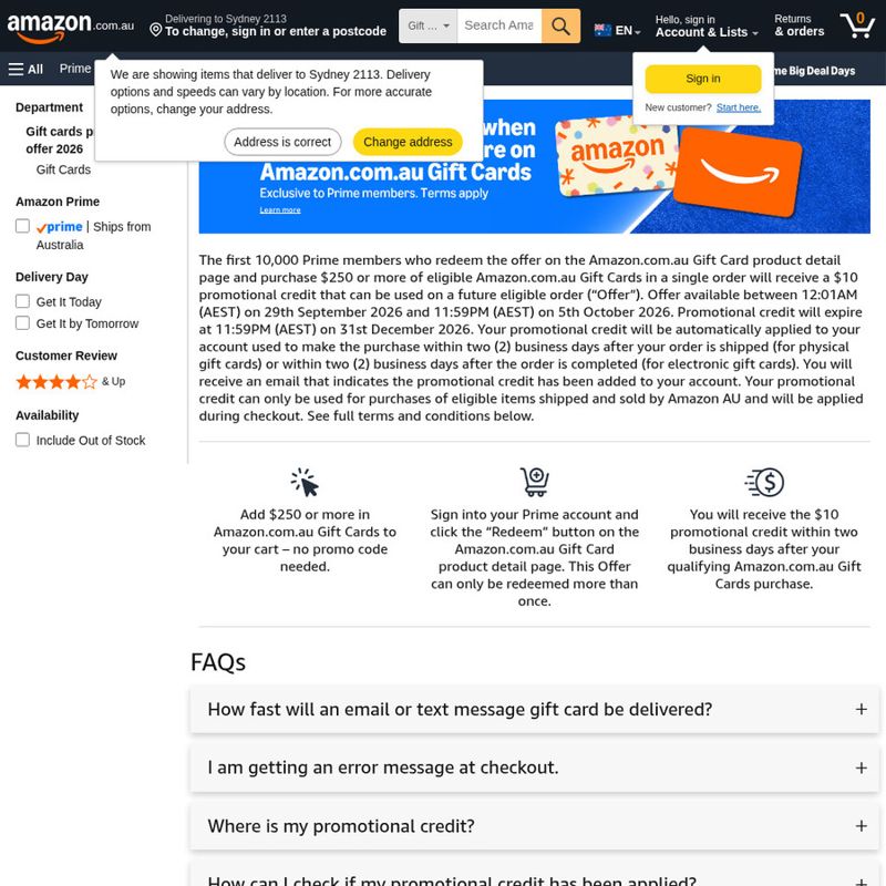 Promo Credit on + Amazon AU Gift Card Purchase