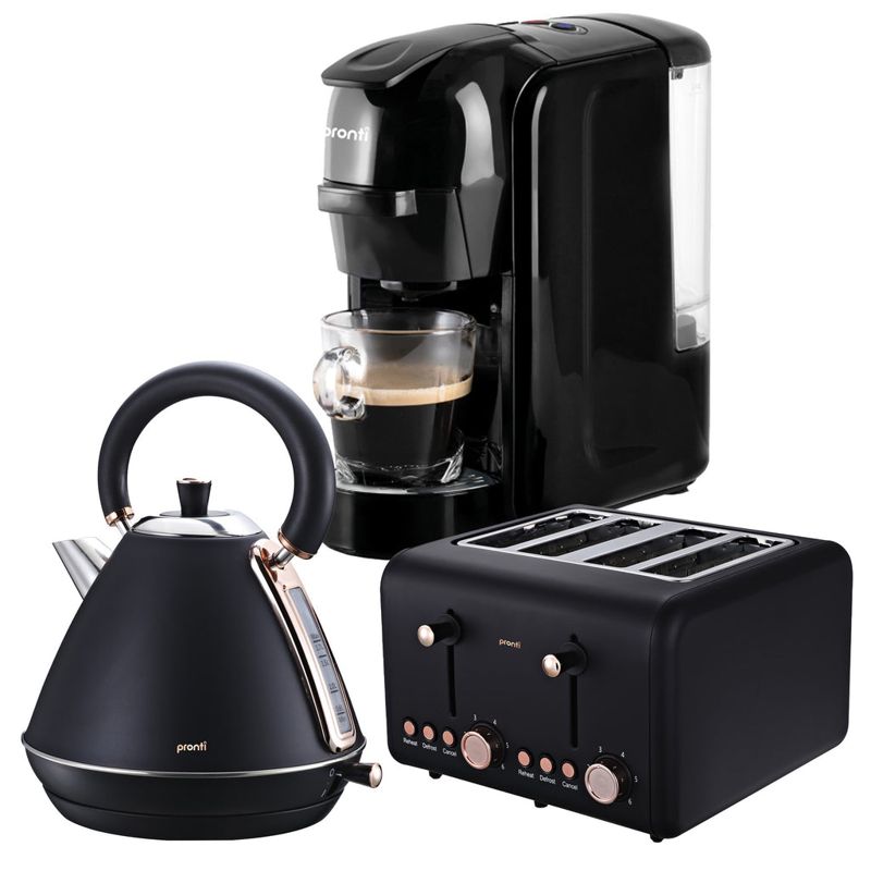 Pronti 3-in-1 Breakfast Set Kettle, 4-Slice Toaster & Pronti HomeMaid Coffee Machine Combo (Black)