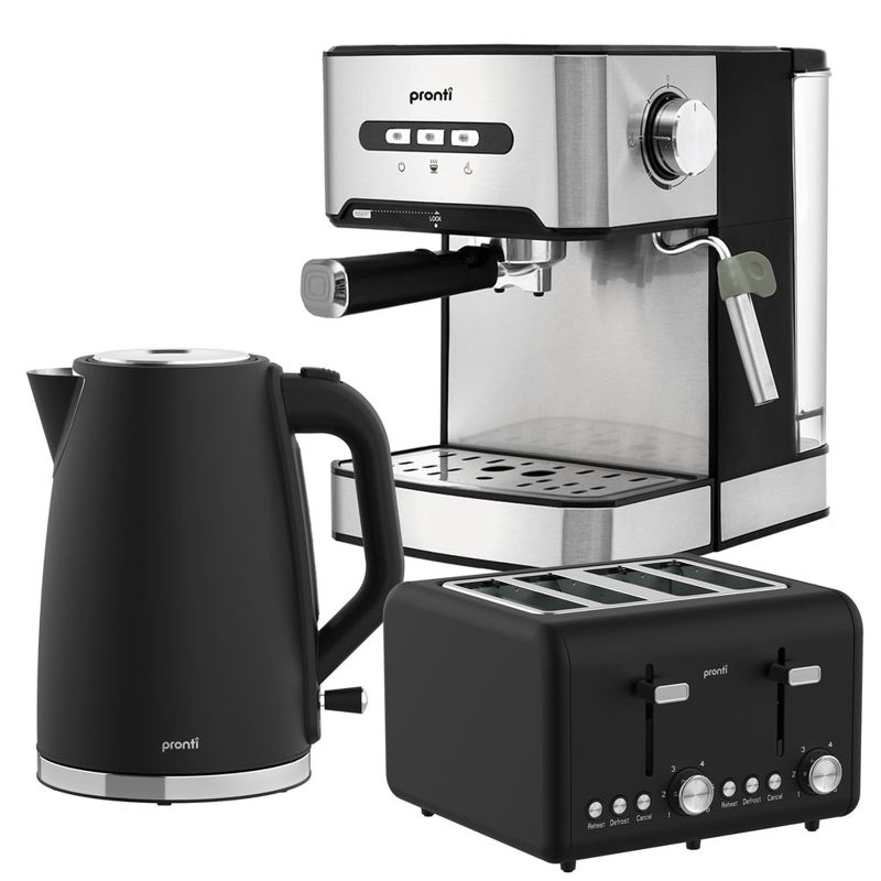 Pronti Breakfast Set with 1.6L Coffee Machine, Silver Noir Toaster & Kettle