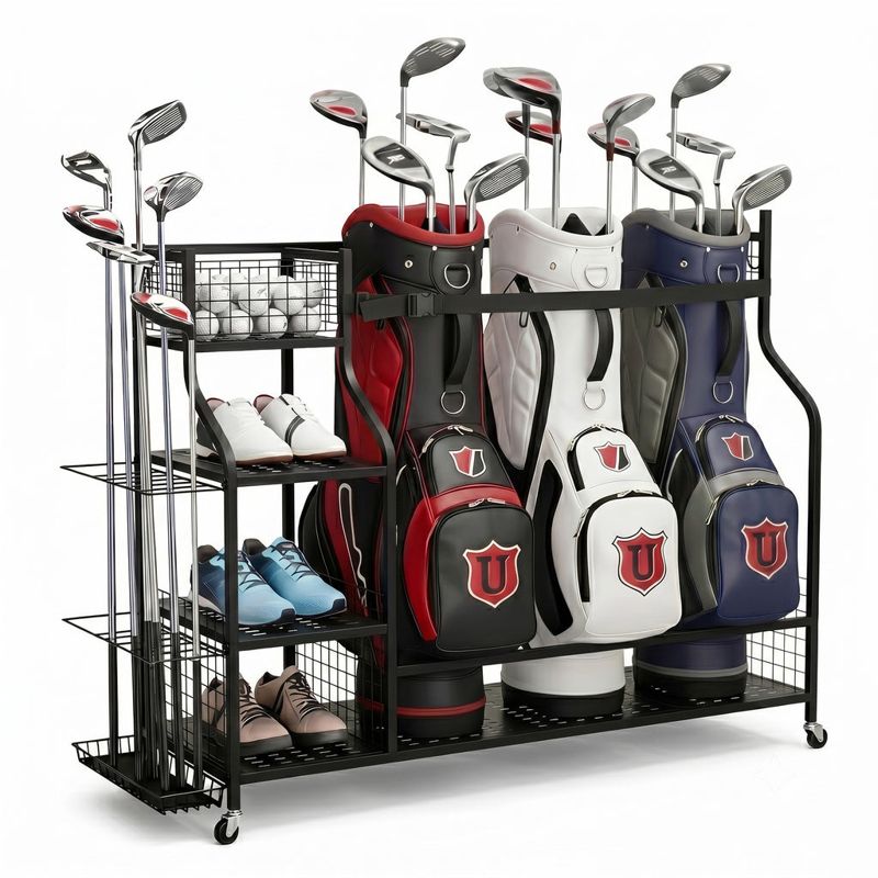 Everfit Golf 3 Bag Storage Golf Storage Garage Organizer with Wheels Black
