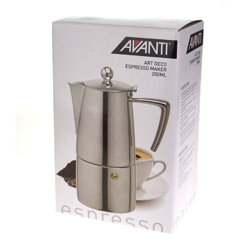 Avanti 4 Cup Art Deco Espresso Coffee Maker Percolator - Silver | Stovetop Percolator | Silicon Gasket, Safety Valve, With Spare Gasket and Manuals